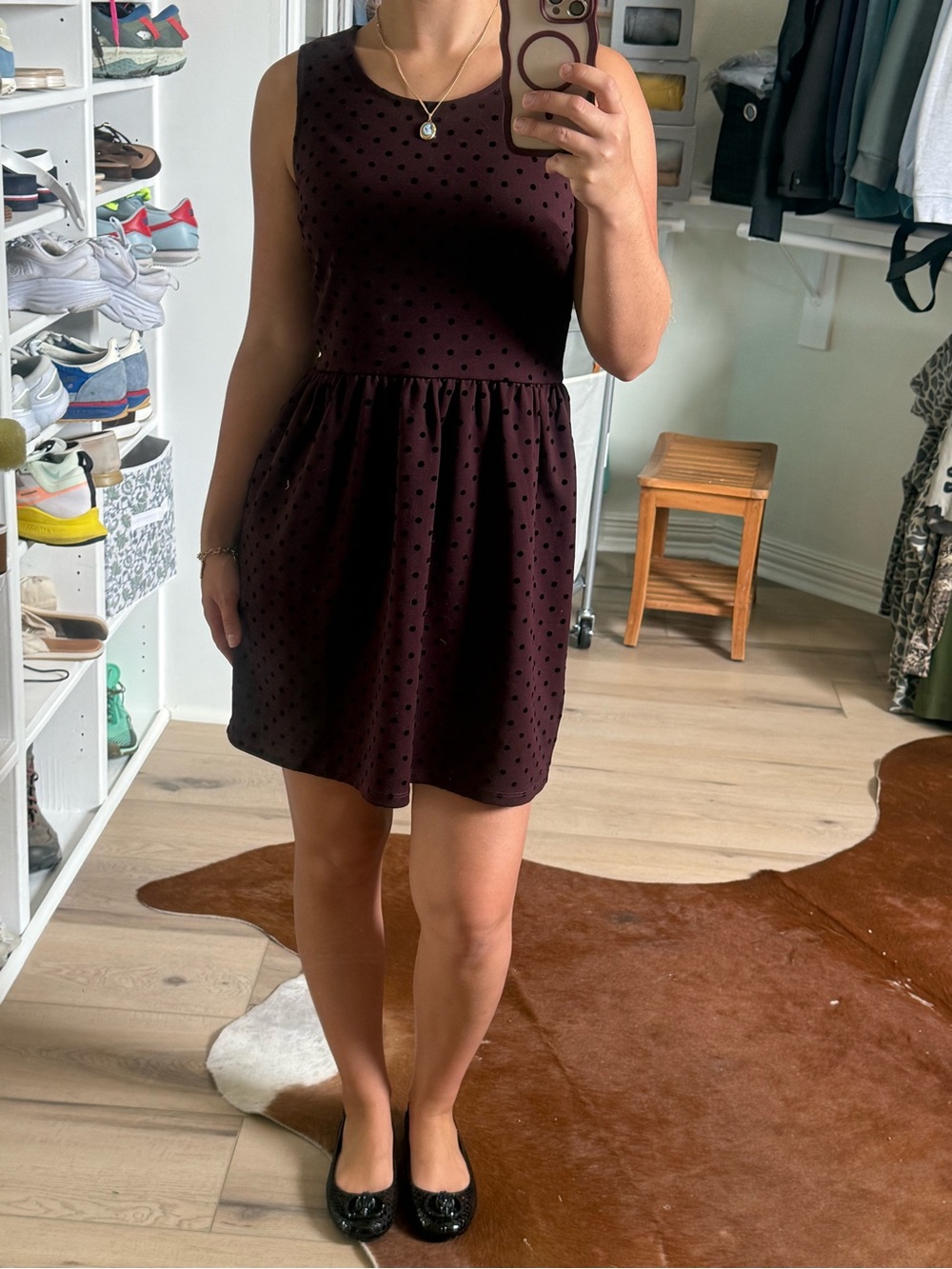LOFT Sleeveless Mini Dress in Deep Plum with Black Dots